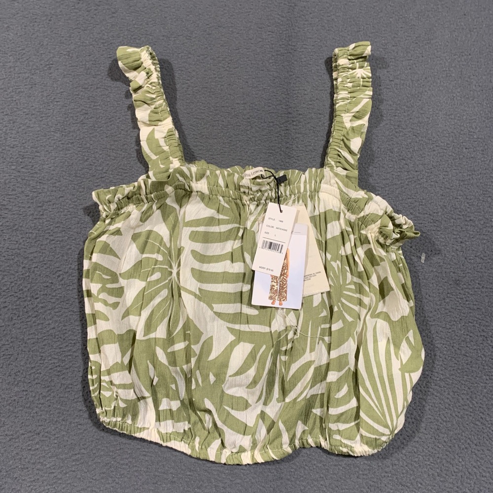 Salty Lemon Crop Top Women Size L Artichoke Green Tropical Leaf Ruffle Boho 1466